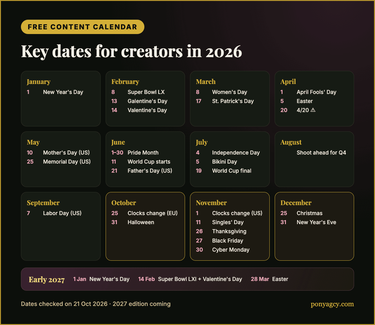 Free content calendar 2026: the key dates at a glance
