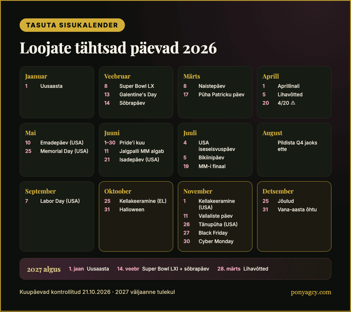 Free sisukalender 2026: tähtsad päevad ühe pilguga
