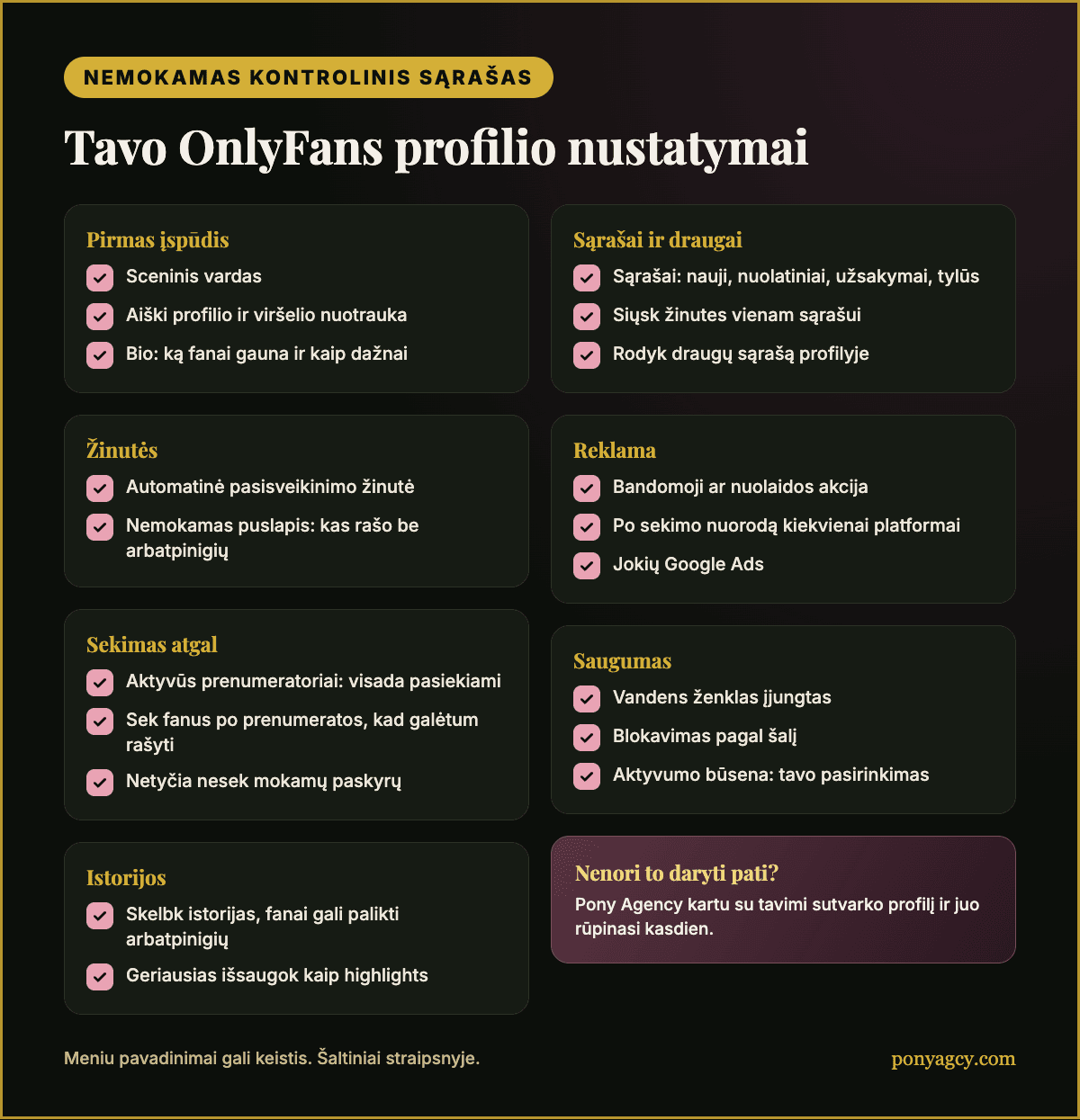 Nemokamas kontrolinis sąrašas: tavo „OnlyFans“ profilio nustatymai vienu žvilgsniu
