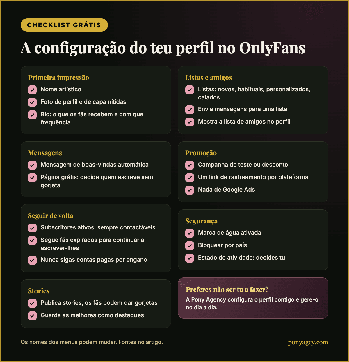 Checklist grátis: a configuração do teu perfil no OnlyFans num relance
