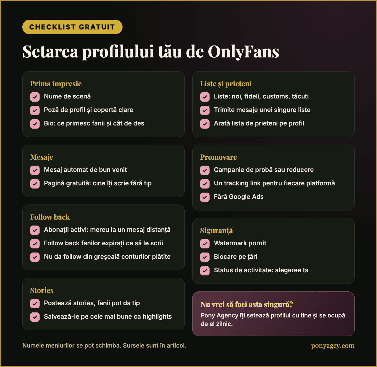 Checklist gratuit: setarea profilului tău de OnlyFans dintr-o privire